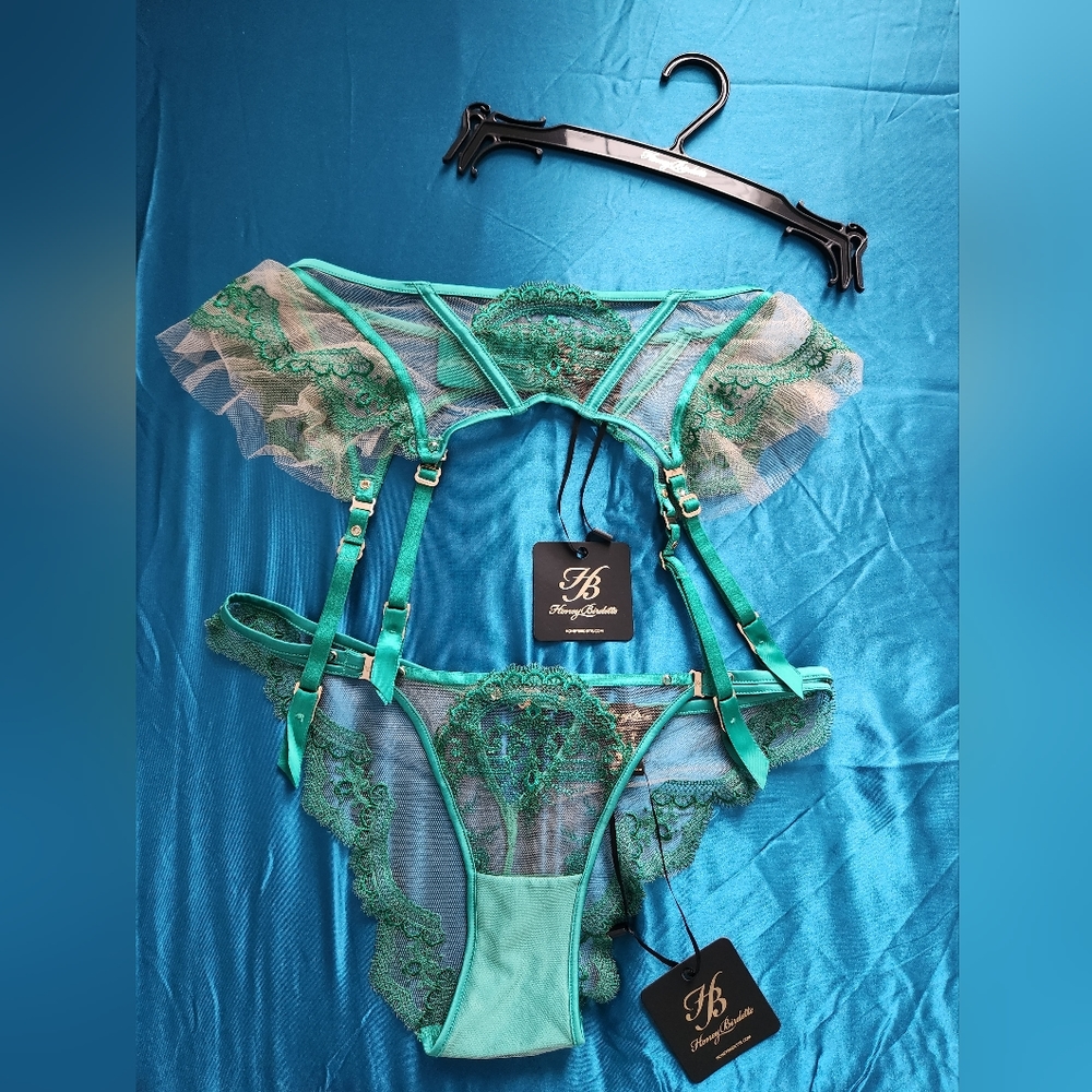 💋SET💋 Honey Birdette Gabrielle Emerald 32DD Brief Panty Small + Garter S NWT - Picture 4 of 12